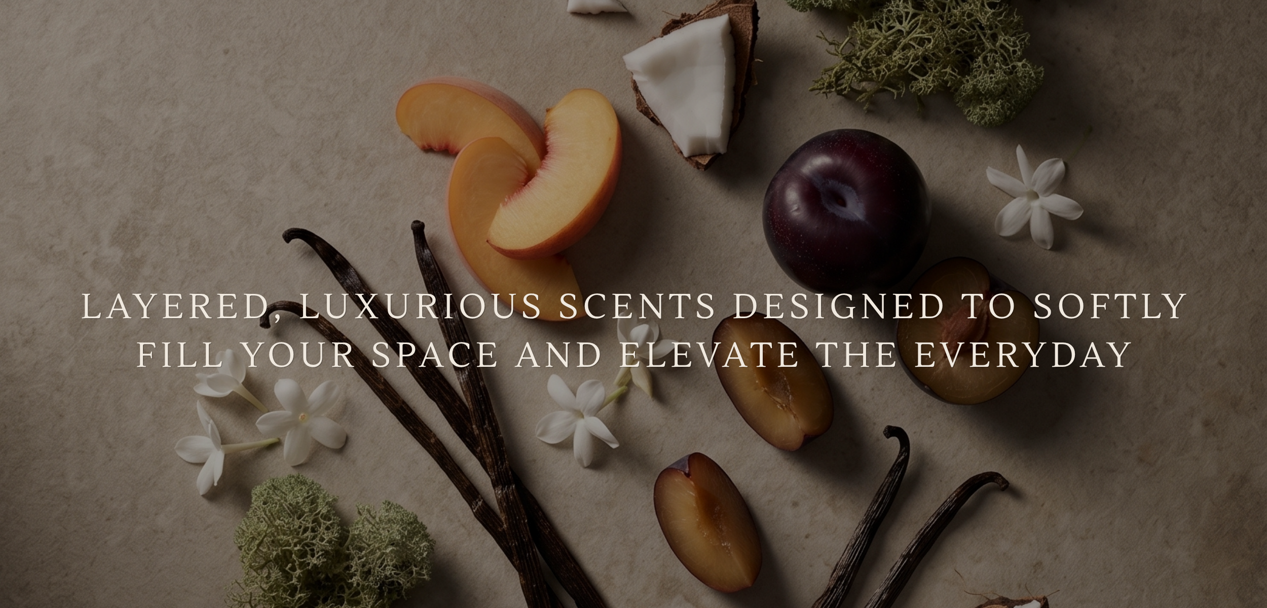 Scents and fruits arranged on a textured surface with text overlay.